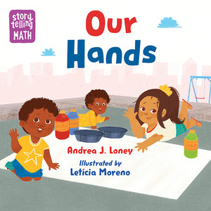 Book cover of 'Our Hands' with children at a table and playground in the background